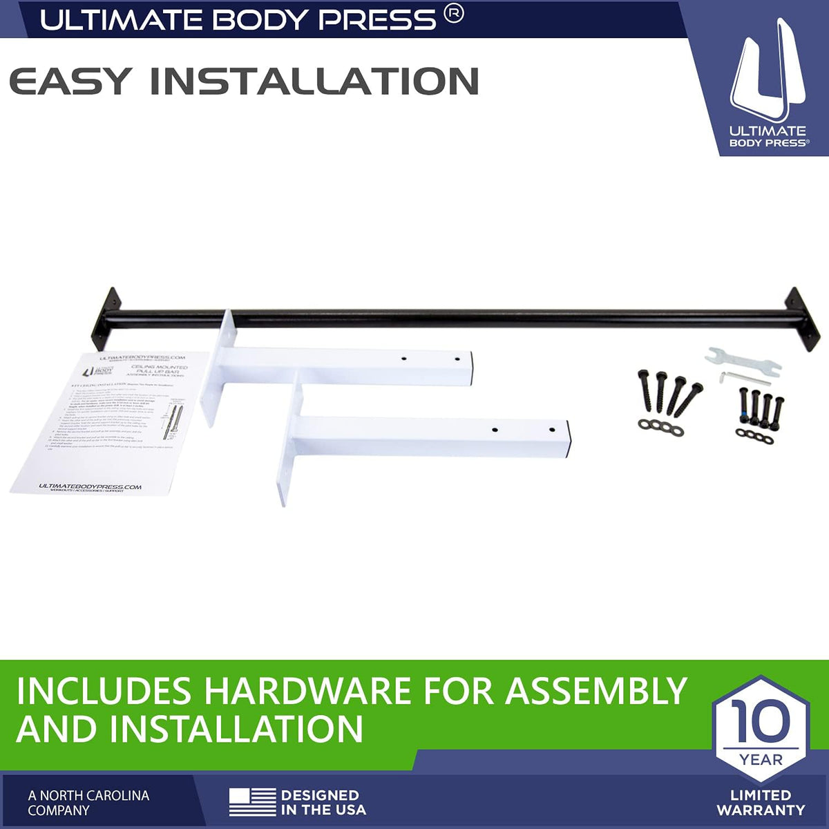 Ultimate Body Press Ceiling Mount Pull Up Bar - 48” Straight Bar & 14” Risers for 16”/24” Joists