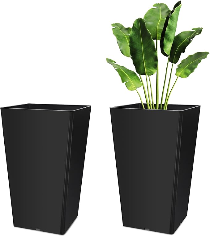 Briwooody Set of 2 15.75 Inch Large Taper Planters Outdoor Indoor Tall Resin Flower Pots with Drainage Holes Modern for Front Door Patio Backyard Plants(Black)