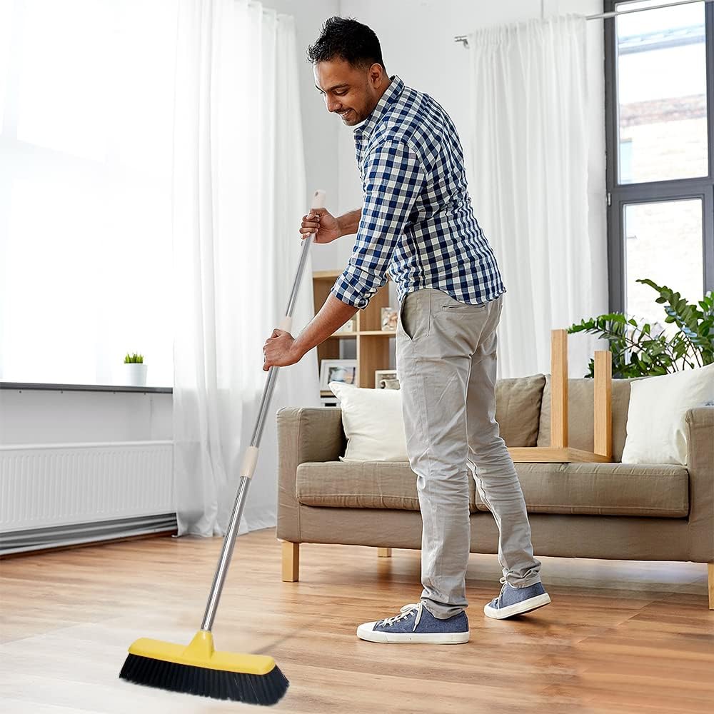 Push Broom with Long Handle, Floor Brush 49.6 inch Soft Bristle Broom 12.2" Wide for Cleaning Bathroom Kitchen Patio Garage Deck Tile Floor