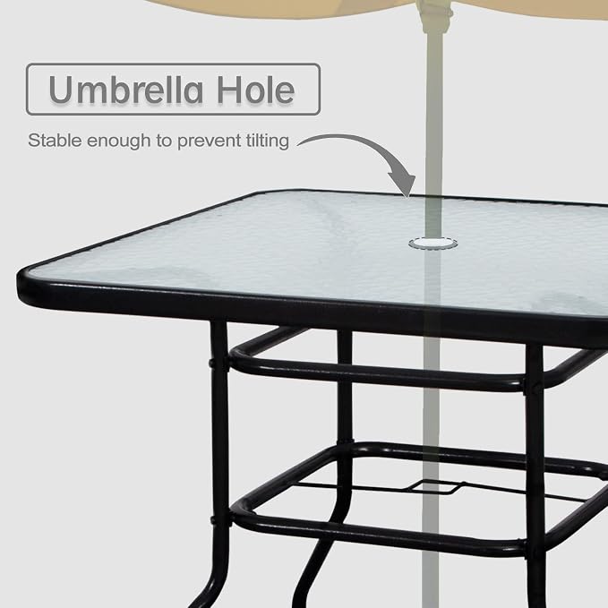 DIMAR GARDEN 32" Outdoor Coffee Table with Umbrella Hole, Patio Square Side Bistro Table with Glass Top, Black