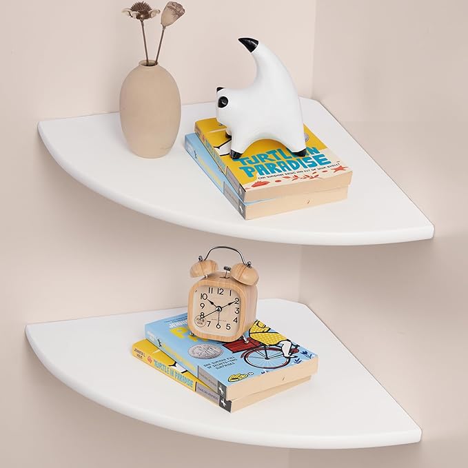 Gieanoo Floating Corner Shelves Set 2 12inch White Solid Oak Rounded Corner