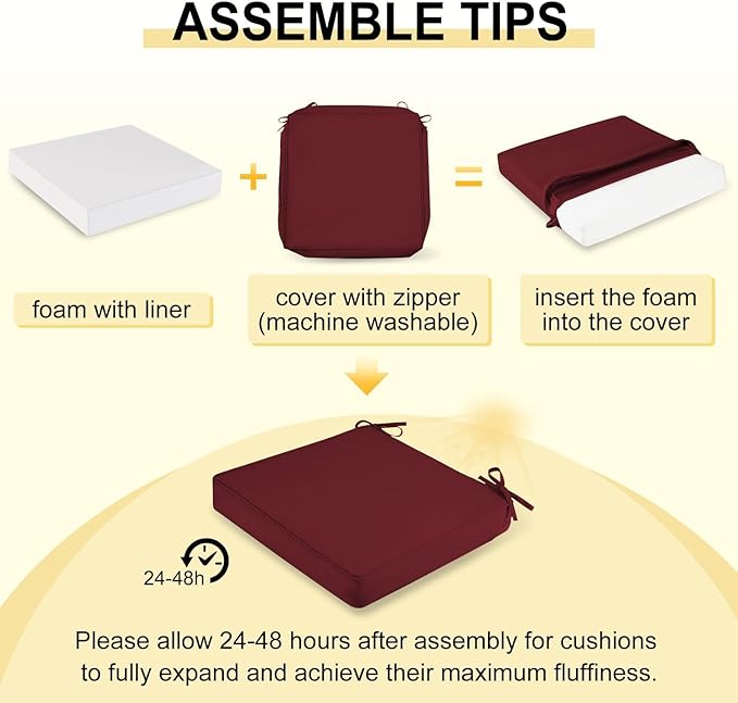 downluxe Waterproof Outdoor Chair Cushions Set of 4, 19" x 19" x 3" Patio Chair Cushion with Non-Slip Ties & Handle, Square Outdoor Cushion for Patio Furniture with Removable Cover, Burgundy