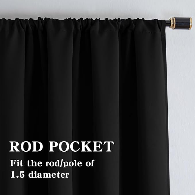 IGEMAEVE Black Blackout Curtains 96 Inch Length 2 Panels Set, Rod Pocket Energy