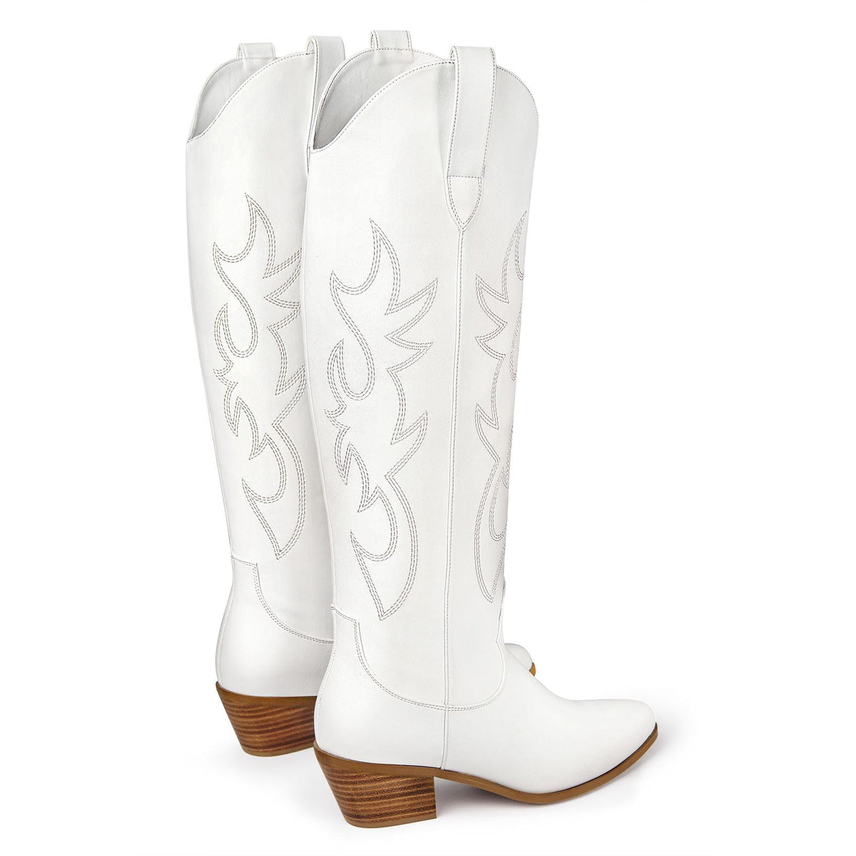Ouepiano White Cowgirl Boots Women Cowboy Knee High Tall Boots Chunky Heel Pointed Toe Pull-On Western Wide Calf Boats Country Fashion (White, Size 8)