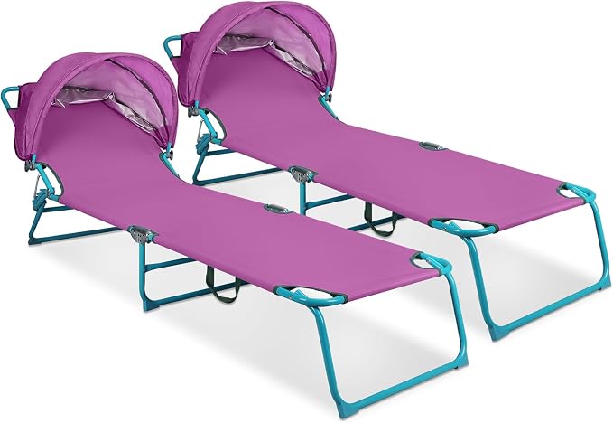 Northroad 2 Pack Beach Lounge Chair with Canopy Shade, Adjustable 4 Position Foldable Tanning Chair, Outdoor Heavy Duty Chaise Lounge Chair, for Poolside Patio Sunbathing Lawn, UPF 50+, Purple
