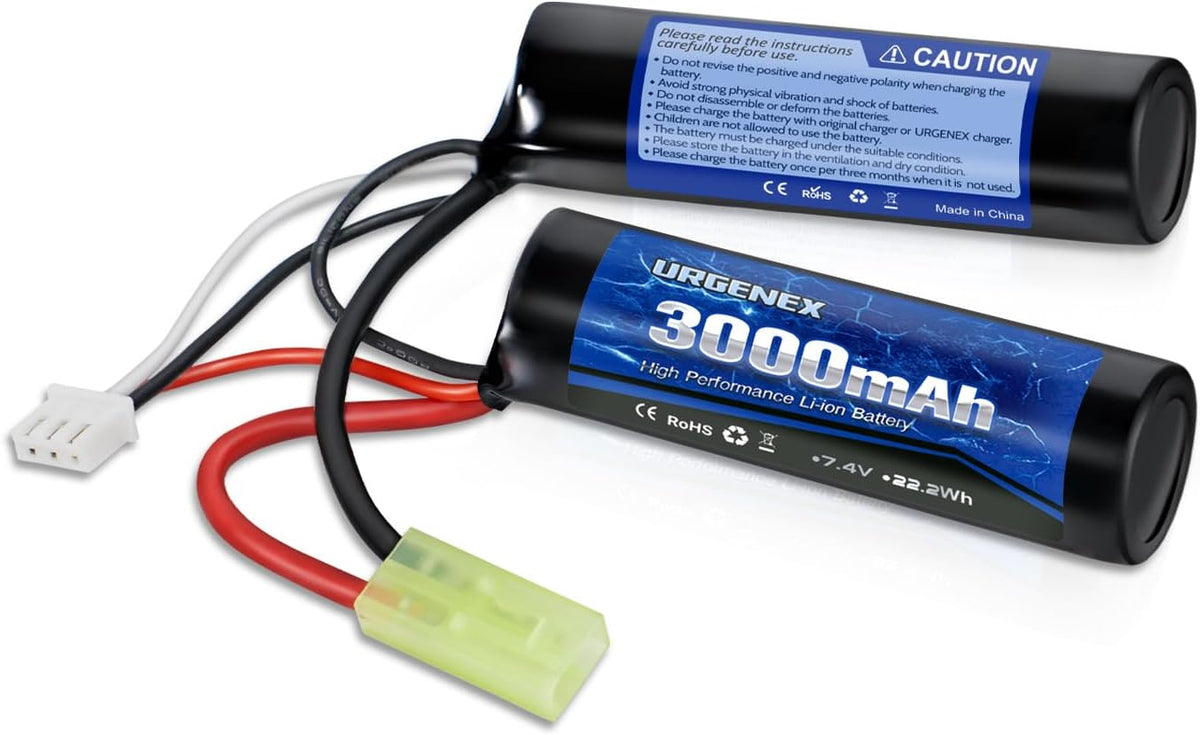 URGENEX 3000mAh Airsoft Battery - 7.4V Nunchuck Rechargeable Stick with Mini Tamiya Plug