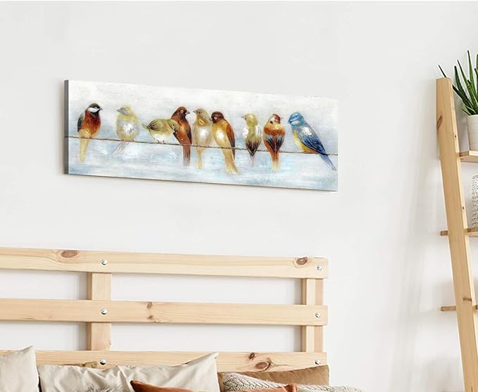 ARTISTIC PATH Abstract Birds Canvas Wall Art: Colorful Birds on Wire Picture Sparrow Painting Artwork for Living Room (36''W x 12''H, Multi-Sized)