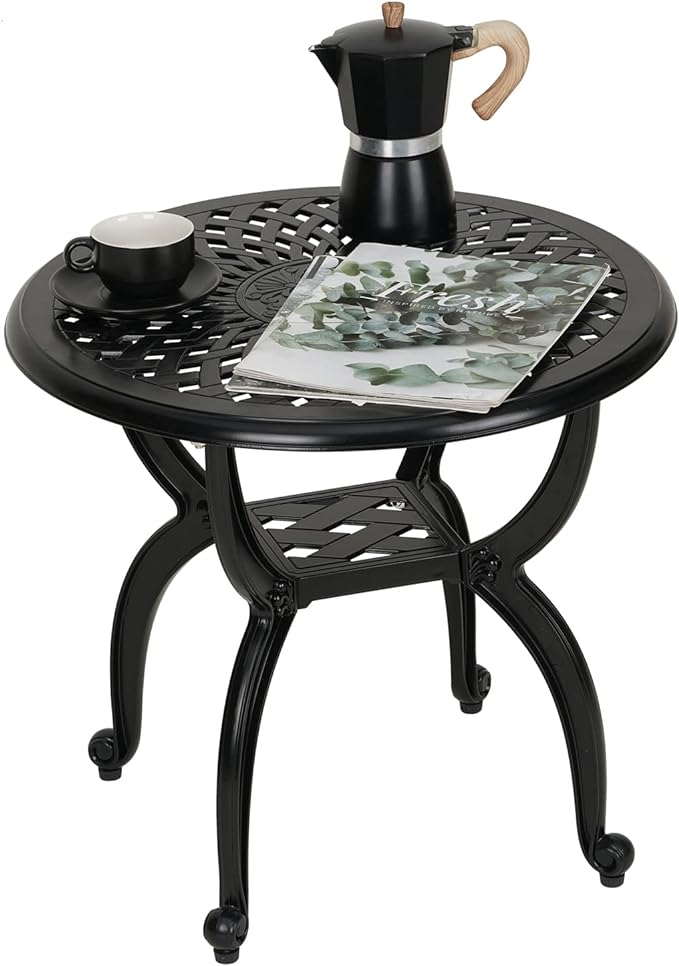 YKSY&YKSY Jardin DE Centennial Cast Aluminum Side/End Table, Anti-Rust Coffee Bistro Table for Outdoor, Patio, Indoor, Garden, Porch, Balcony (Round Black) 1