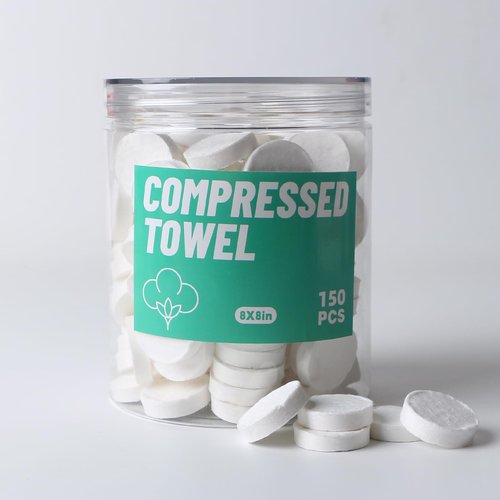 Kiluiu Compressed Towels, Camping Towels, Magic Cotton Wipes, Disposable Facial Towels, High-Capacity Travel/Camping/Hiking, 150Pcs/9X9in (White Pearl Pattern)