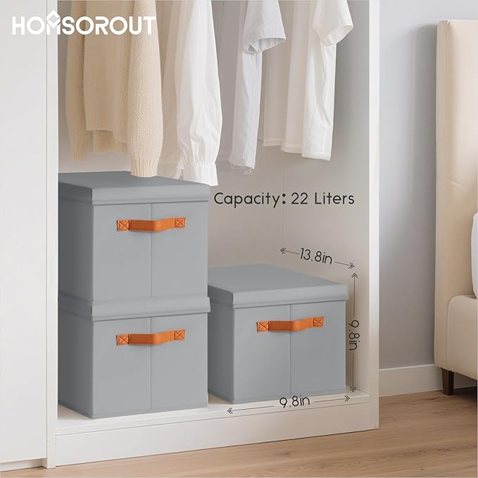Storage Bins with Lids - Fabric Storage Baskets for Shelves, 4 Pack Foldable Decorative Boxes with Handles, Stackable Organizer Bins for Home, Nursery, Dorm, Grey