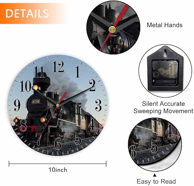 Mxocom Morning Train Wall Clock Old Steam Train Smoke Rairoad Sunrise 10 Inch