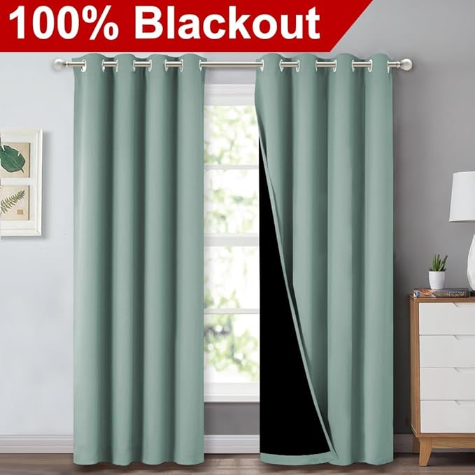 NICETOWN 100% Blackout Curtains 84 inches Long, Seafoam Green, 52 inches Wide