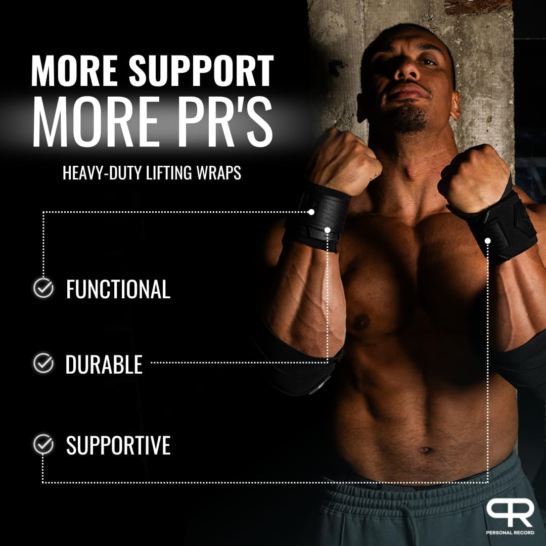 PR Personal Record Heavy Duty Wrist Wraps - Extra Wide Strap, Strong Thumb Loop, Enhanced Elasticity