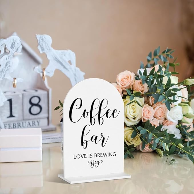 Coffee Bar Sign Love Is Brewing Decorations Modern Minimalist Style Coffee Signs for Hot Cocoa Station Wedding Engagement Bridal Shower Ceremony Reception Event Clear Table Acrylic Decor
