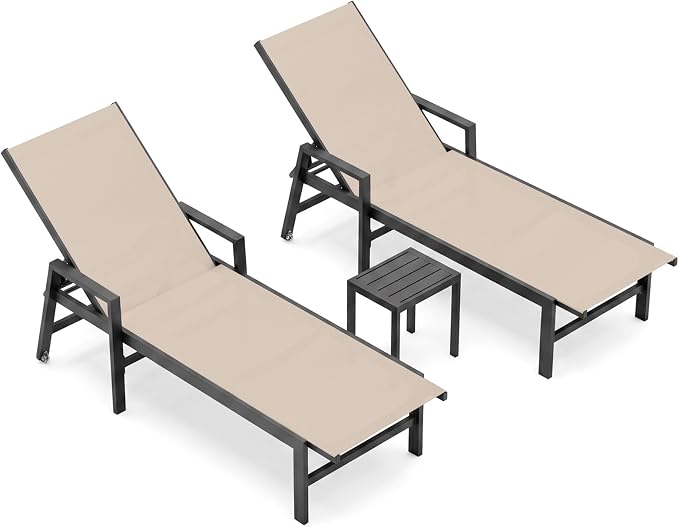 Patio Chaise Lounge Chair Outdoor with Wheels&Armrests, Aluminum Pool Lounge Chairs Five-Position Adjustable Recliner with Side Table, Outdoor Beach Lounge Chairs for Outside, Deck, Yard, Khaki