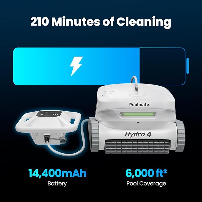 Poolmate Hydro 4 Cordless Robotic Pool Cleaner for All Pool Types, Battery Powered Robot Pool Vacuum, 210 Min Battery Life, Smart WiFi & Bluetooh App Control, Complete Wall & Waterline Pool Cleaning