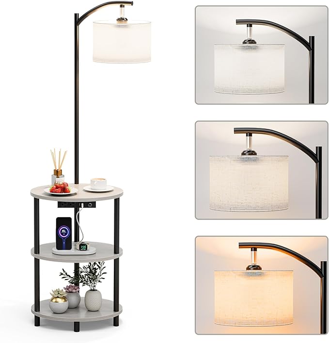 Round Side Table with Lamp and USB Ports, 3-Tier Small End Table for Living Room & Bedroom, Rustic Wood Metal Nightstand for Small Spaces, Easy to Assemble, Greige
