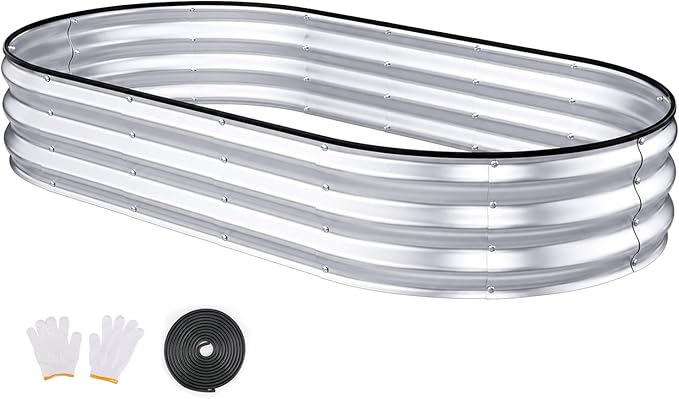 Raised Garden Bed, 6x3x1ft Galvanized Outdoor Planter Beds with Safety Edging and Gloves, Oval Metal Planter Box for Gardening Vegetables Flowers Herb-Silver