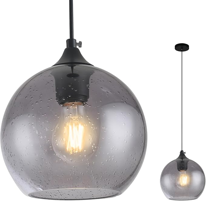 Gray Glass Pendant Lights Kitchen Island Lighting Globe Pendant Light Fixtures Modern Pendant Lighting for Kitchen Island Bedroom Living Dining Room Light Fixture-9.8in