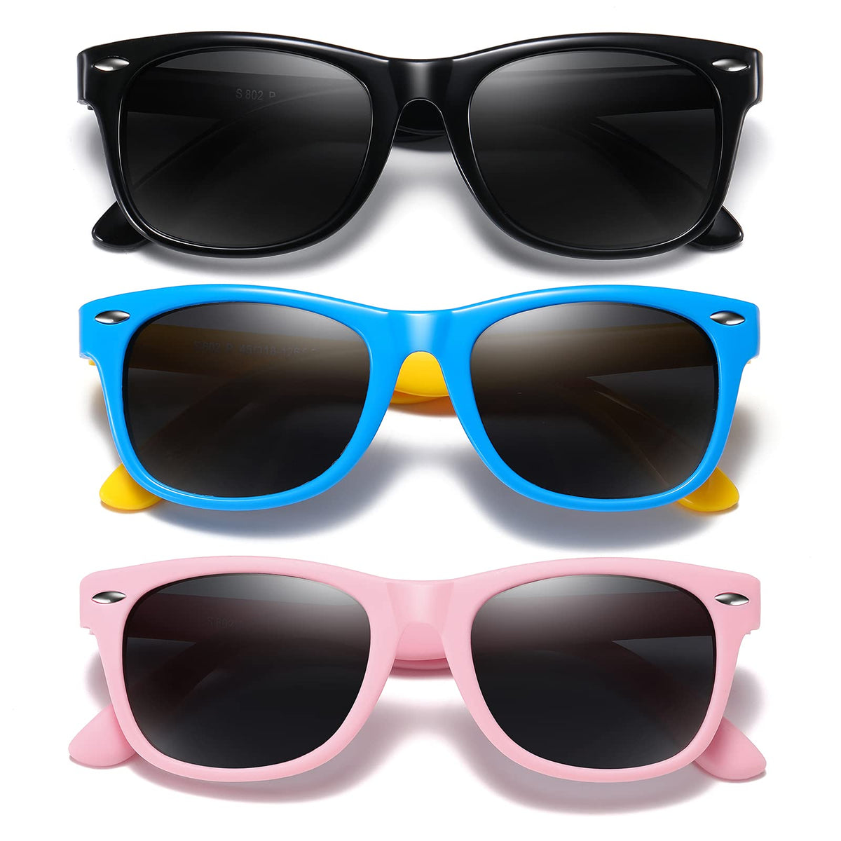 DYLB Kids Polarized Sunglasses for girls boys 3 Pack, Flexible TPEE Rubber Frame for Children Age 3-8. (Black + Pink +Blue Yellow)