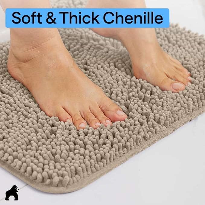 GORILLA GRIP Bath Rug Mat 48x24, Thick Absorbent Chenille, Quick Dry Microfiber Mats, Rubber Backing Washable Shower Floor Rugs, Bathmat Runner, US Designed Bathroom Home Decor Accessories Gray Beige