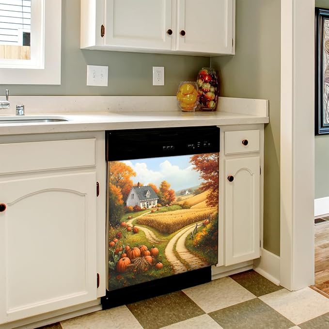 Autumn House Pumpkin Dishwasher Magnet Cover for The Front Magnetic Dishwasher Door Covers Dish Washer Sticker Wrap Home Decorative Appliances Panel Decal Kitchen Decor 23" x 26" (Magnetic)