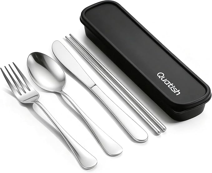 Travel Utensils with Case, Quatish 5 Piece Stainless Steel Silverware Set for Work, Portable Reusable Travel Cutlery Set, Fork and Spoon Set for Picnic, Camping, Gadgets, Lunch Box for Men, Silver