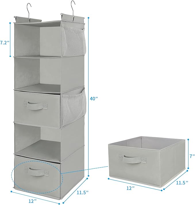 MAX Houser 5 Tier Shelf Hanging Closet Organizer, Cloth Hanging Shelf with 2 Sturdy Hooks for Storage, Foldable (Light Grey-D2)