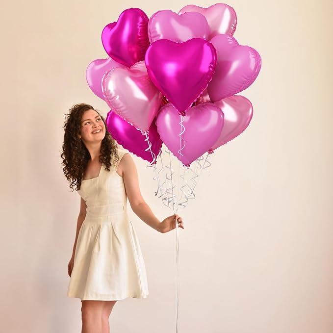 Pink Mixed Heart Balloons, 18 Inch 12 Pcs Hot Pink Foil Heart Shape Balloons, Light Candy Color Love Balloon, Sweet Theme Party Decorations for Girls Women Birthday Wedding Valentines Baby Shower
