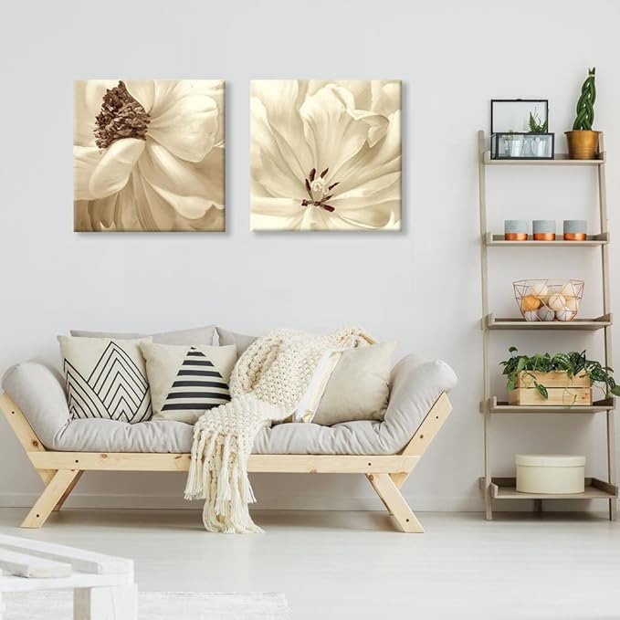 SEVEN WALL ARTS Flower Canvas Wall Art 2 Pieces Neutral Beige Floral Pictures Elegant Blossom Flowers Poster Print for Living Room Bedroom Office Boho Decor 24"x24"