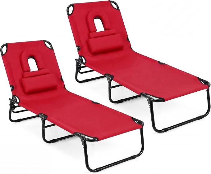 GYMAX Tanning Chair, Folding Lounge Chairs with Face Hole & Cover, Removable Pillow Carry Handle, Portable Compact Outdoor Layout Recliner for Beach, Poolside, Lawn, Patio, Camping (Red,2)
