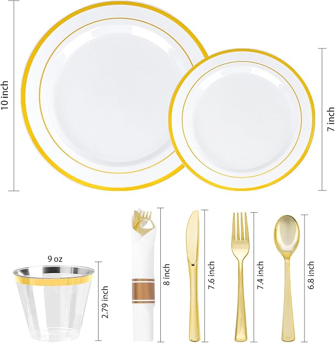 350 PCS White and Gold Plastic Dinnerware Set for 50 Guests, 100 Disposable Plates for Party, 50 Pre Rolled Napkins with Gold Silverware, 50 Cups