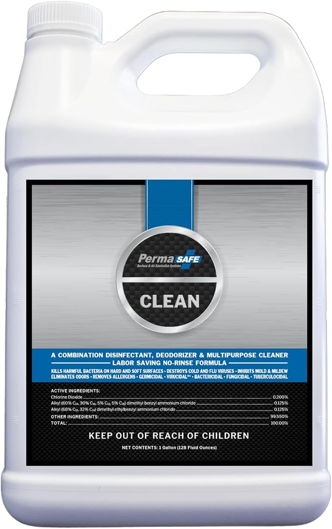 PermaSafe CLEAN 1-Step Disinfectant, Deodorizer & All-Purpose Cleaner; Soft, Hard & Food Surface Sanitizer; Kills 99.9% of Bacteria, Viruses, Molds - Child, Pet, Planet & All Surface Safe (1 gal)