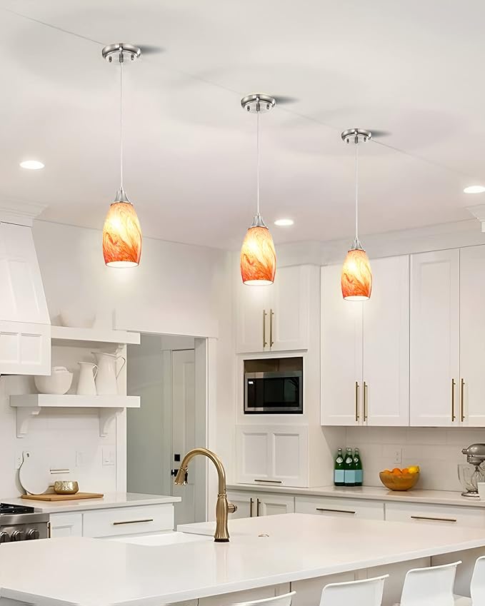 Art Glass Mini Pendant Lights Kitchen Island Marble Glass Pendant Light Shade with Brushed Nickel Finish Ceiling Hanging Lights for Kitchen Over Sink,Dining/Living Room Red Marble-1Pack
