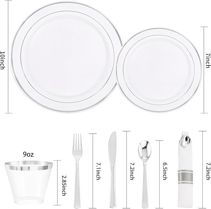 DaYammi 350PCS Silver Plastic Dinnerware Set for 50 Guests, Fancy Disposable Plates for Christmas, Include: 50 Dinner Plates, 50 Dessert Plates, 50 Pre Rolled Napkins with Silver Silverware, 50 Cups