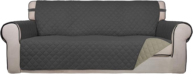 PureFit Reversible Quilted Sofa Cover, Water Resistant Slipcover Furniture Protector, Washable Couch Cover with Non Slip and Elastic Straps for Kids, Dogs, Pets (Sofa, Dark Gray/Beige)