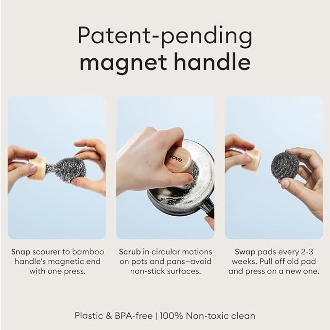 Vove Premium Magnetic Scrubber with Bamboo Handle - Steel Wool Scourer for Pots, Pans & Bottles - Heavy Duty Kitchen Cleaner with 3 Recyclable Steel Pads - Stainless Steel Scrubber Set