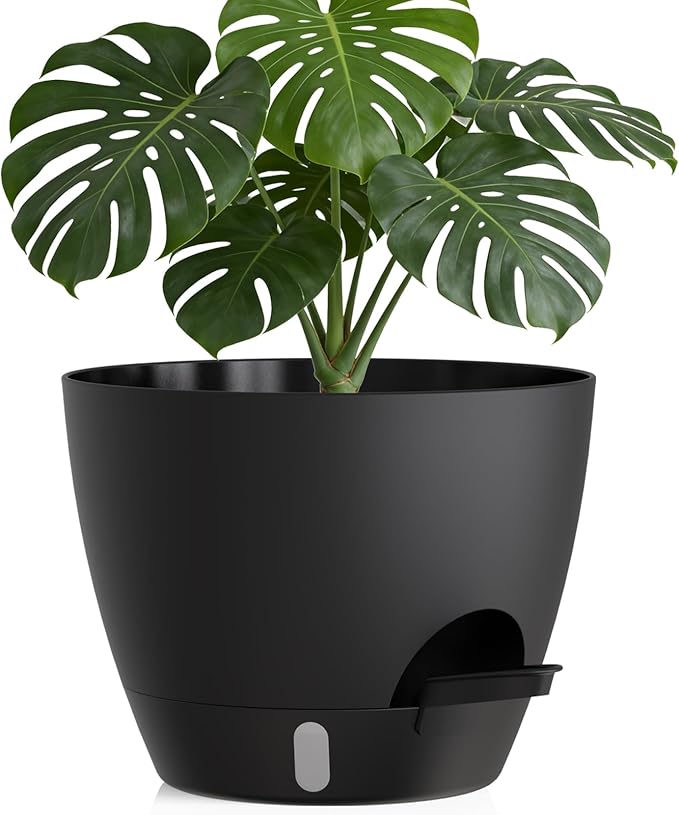 Plant Pots, 1 Pack 12 Inch Self Watering Pots with Drainage Holes, Water Level Indicator Deep Reservoir, Large Planters for Indoor Outdoor Plants - Black