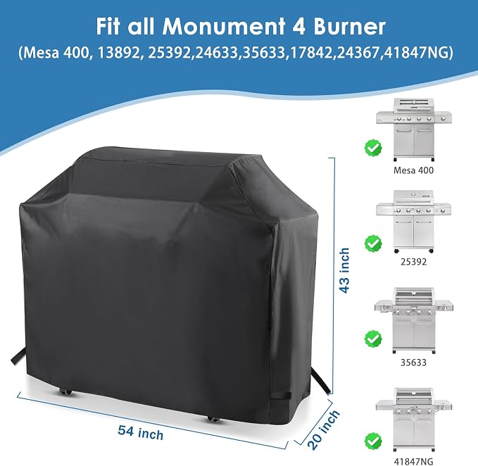 Grill Cover for Monument 4 Burner Grills, for Monument Mesa 400, 25392, 24633, 35633, 24367, 41847NG, 54 Inch Heavy Duty & Waterproof, Outdoor Barbecue Cover