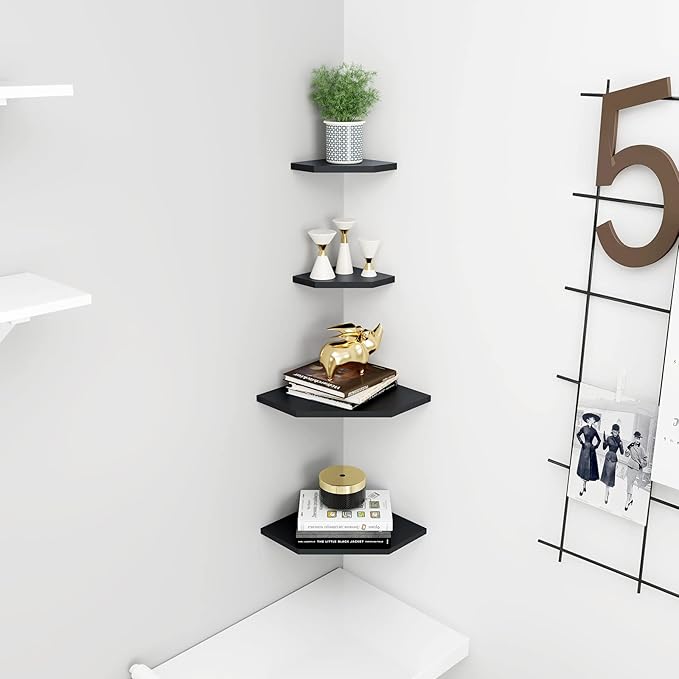 WELLAND 7-Inch Black Floating Corner Shelves Set of 2, Wall Mounted Storage