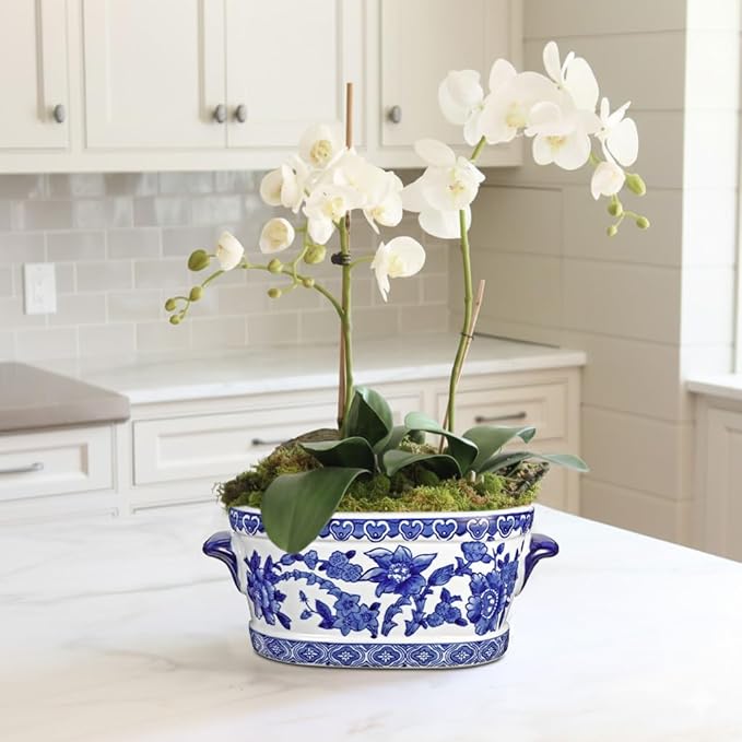 Blue and White Ceramic Planter Pot – Vintage Floral Oval Cachepot Vase for Indoor Plants, Flowers & Succulents – Glazed Chinese Porcelain Style Decorative Bowl – 7.4" Size – No Drainage