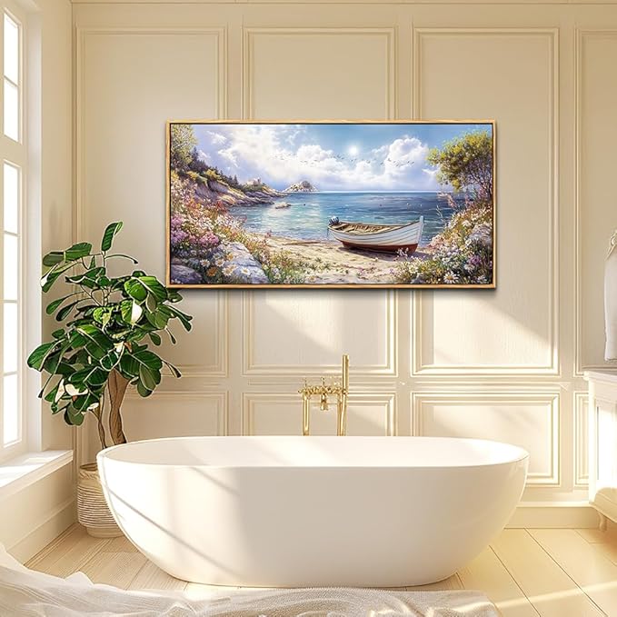 QIYILEXWART Wood Farmed Canvas Wall Art For Living Room Wall Decor For Bedroom Office Wall Decoration The Sea Boat Landscape Painting Farmhouse Pictures Artwork Room Aesthetic Home Decor 20x40 In