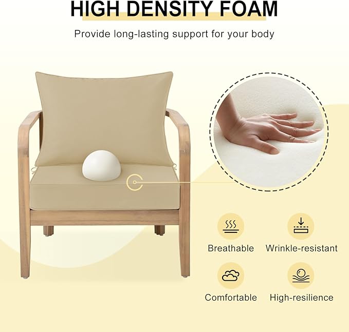 downluxe Outdoor Chair Cushions 24x24 with Removable Cover, Waterproof Patio Furniture Cushions, Deep Seat Cushions for Outdoor Furniture with Backrest for Sofa, Couch and Patio Chairs, Khaki