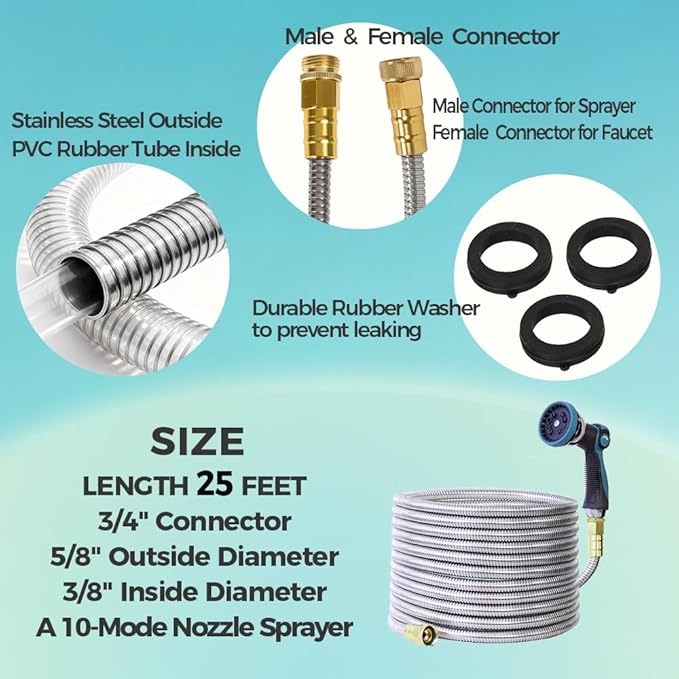 25FT Garden Hose, Stainless Steel Water Hose Flexible with a 10-Mode Nozzle Sprayer, No Kink, Lightweight, Puncture Proof, Ideal for Indoor & Outdoor Light Use, 5/8'' Outside Diameter