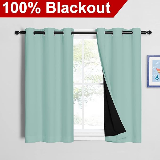 NICETOWN Aqua Blue 100% Blackout Curtains 45 inches Long, 2 Thick Layers