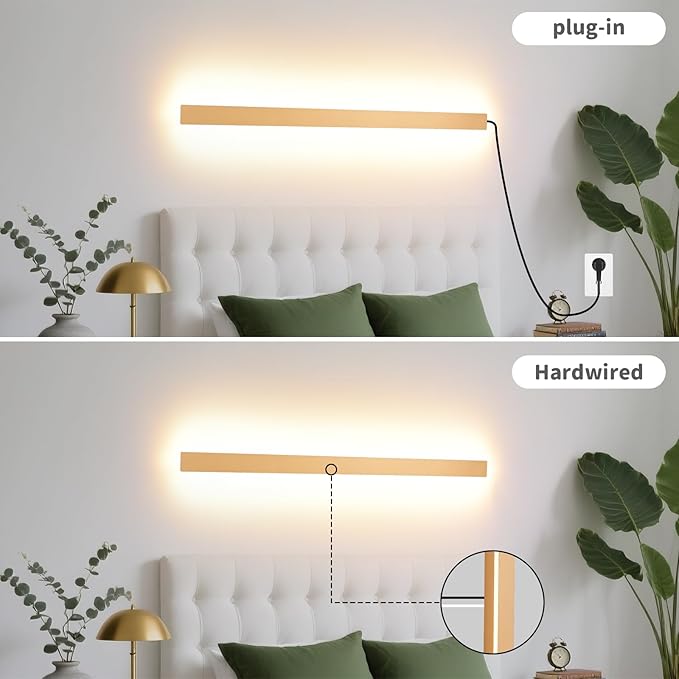 KELUOLY Modern Plug in Wall Lights, 31.4 inch Frosted Gold LED Long Wall Sconce