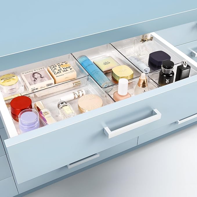 6 PCS Large Drawer Organizer, 3Sizes Plastic Versatile Desk Drawer Organizer Trays with Non-Slip Silicone Pads, Storage Bins for Makeup, Office, Kitchen Gadgets Utensils, Bedroom, Tools, Bathroom