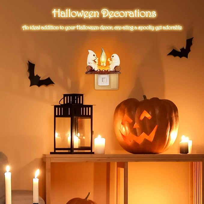 Ghost Campfire Night Light, White Plastic, LED Flickering Flame Effect, Indoor Decorative Wall Plug-in, Spooky Decor for Kids Bedroom