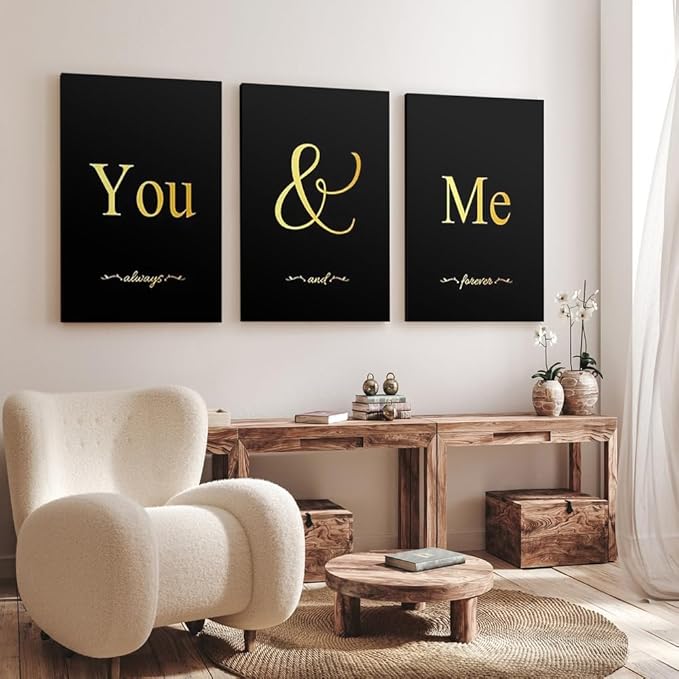 GUBIYU Black and Gold Bedroom Art Love Wall Decor You and Me Word Canvas Poster