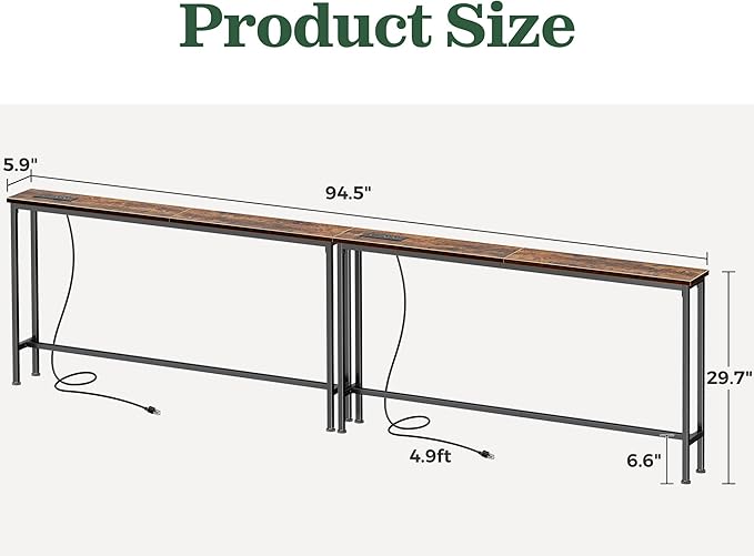SUPERJARE 94.5 inch Narrow Console Table with Outlet, Sofa Tables, Behind Couch Table, Long Entryway Tables with Charging Station, for Living Room, Rustic Brown